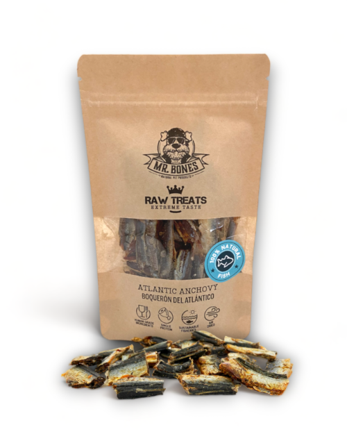 Snack-natural-pescado-boqueron-perro-gato-raw-treats-mrbones Mr.Bones džiovintų ančiuvių RAW natūralus skanėstas šunims ir katėms