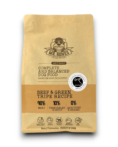 dry-barf-comida-completa-perro-natural-mrbones-1kg Mr.Bones džiovintas jautienos ir žarnokų BARF maistas