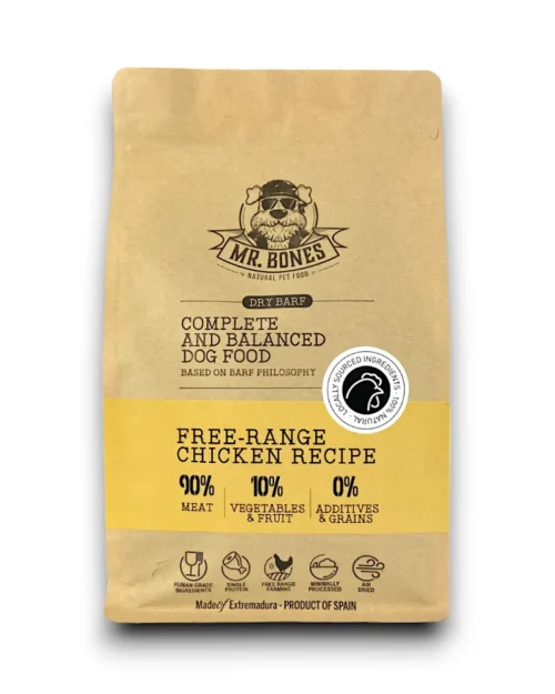 dry-barf-pollo-comida-perro-secada-aire-dog-food-1kg.png Mr.Bones džiovintas laisvai laikomų vištų mėsa – natūralus, be grūdų šunų maistas